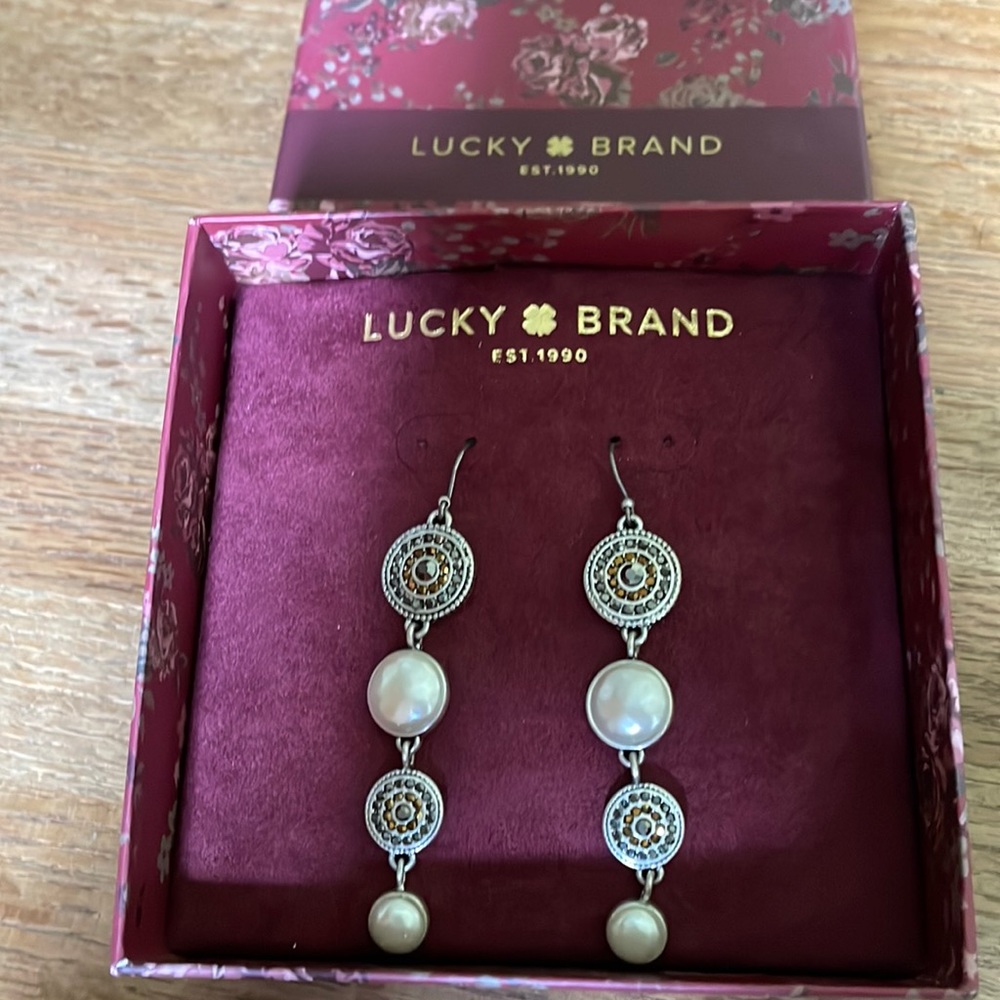Lucky Brand Pearl Silver Pave Drop Earrings NIB